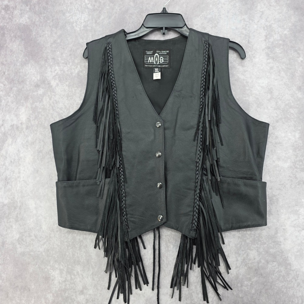 MOB Classic Series Black Leather Fringe Biker Vest Womens XL Motorcycle Lace Up